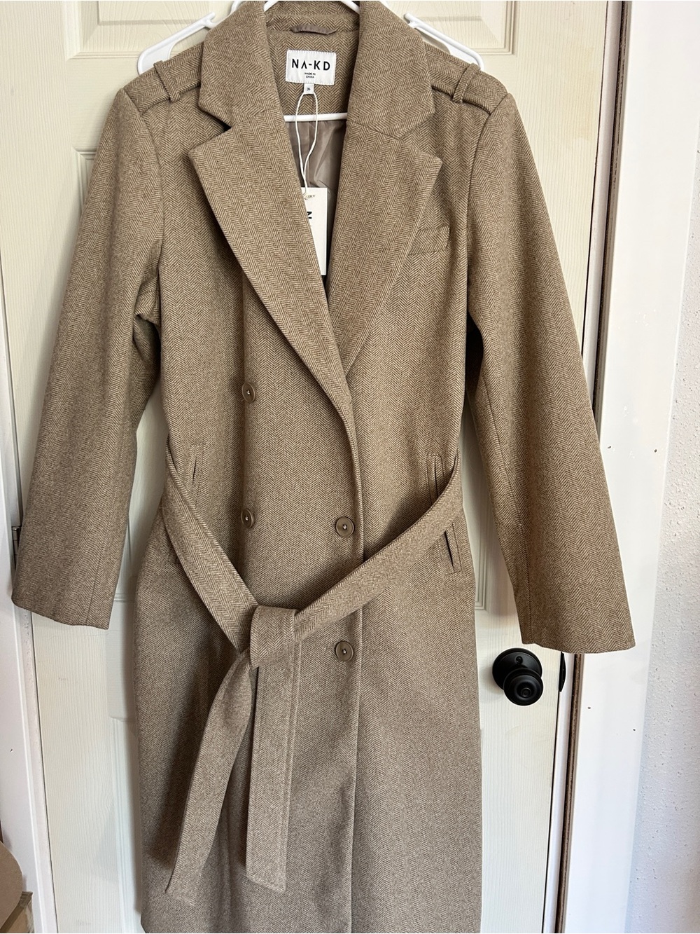 NA-KD Brown Herringbone Belted Trench Coat Jacket Size 36 Small NWT Classic